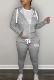 Grey Fashion Casual Letter Print Cardigan Pants Hooded Collar Long Sleeve Two Pieces