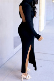 Black Fashion Casual Solid Slit V Neck Long Sleeve Dresses