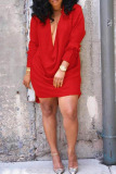 Red Sexy Solid Split Joint V Neck Straight Dresses
