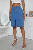Medium Blue Fashion Casual Solid Slit High Waist Regular Denim Skirts