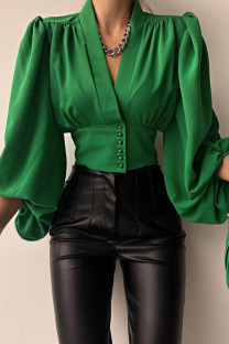Green Casual Solid Split Joint Buttons Fold V Neck Tops