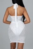 White Fashion Sexy Hot Drilling Hollowed Out Backless Halter Sleeveless Dress