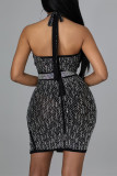 Black Fashion Sexy Hot Drilling Hollowed Out Backless Halter Sleeveless Dress