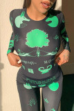 Green Fashion Casual Print Basic O Neck Long Sleeve Two Pieces