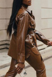 Brown Fashion Casual Solid Split Joint With Belt Turndown Collar Outerwear