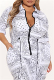 White Fashion Casual Print Patchwork Zipper Collar Regular Jumpsuits