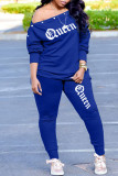 Royal Blue Fashion Casual Letter Print Basic Oblique Collar Long Sleeve Two Pieces
