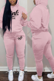 Pink Fashion Casual Letter Print Basic Hooded Collar Long Sleeve Two Pieces