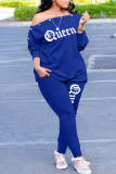 Royal Blue Fashion Casual Letter Print Basic Oblique Collar Long Sleeve Two Pieces