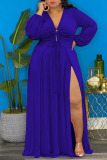 Tangerine Elegant Solid Split Joint Frenulum High Opening V Neck Long Sleeve Plus Size Dresses