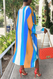 Blue Casual Striped Print Split Joint Asymmetrical O Neck Irregular Dress Dresses