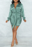 Green Fashion Casual Print Frenulum Turndown Collar Shirt Dress Dresses