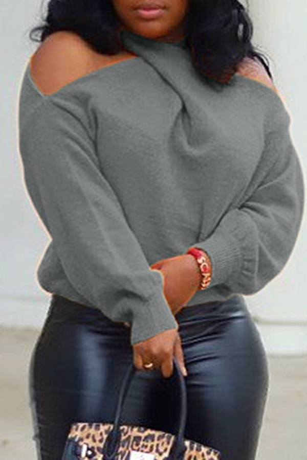 Grey Fashion Casual Solid Hollowed Out Tops