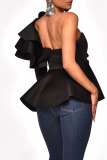 Black One Shoulder Collar Long Sleeve Solid Patchwork ruffle