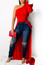 Red One Shoulder Collar Long Sleeve asymmetrical crop top Solid