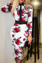 Red Fashion Casual Print Split Joint With Belt Turndown Collar Long Sleeve Dresses