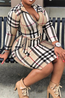 Khaki Fashion Casual Plaid Print With Belt Zipper Collar Long Sleeve Plus Size Dresses
