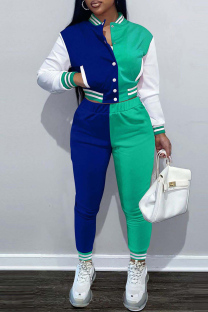 Turquoise Fashion Casual Solid Patchwork Long Sleeve Two Pieces