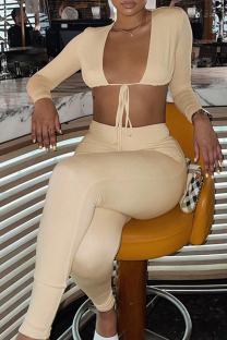 Apricot Sexy Solid Split Joint V Neck Long Sleeve Two Pieces