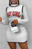 White Sexy Casual Letter Print Backless Half A Turtleneck Long Sleeve Dresses