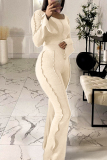 Beige Fashion Casual Solid Split Joint O Neck Two Pieces