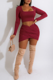 Burgundy Fashion Sexy Solid Asymmetrical Square Collar Long Sleeve Two Pieces