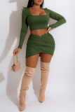Army Green Fashion Sexy Solid Asymmetrical Square Collar Long Sleeve Two Pieces