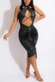 Black Sexy Patchwork Bandage Hollowed Out Sequins Backless Halter Sleeveless Dress