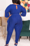 Blue Casual Solid Split Joint Fold O Neck Plus Size Jumpsuits