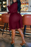 Burgundy Sexy Solid Split Joint Slit Asymmetrical Turndown Collar Long Sleeve Two Pieces