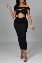 Black Sexy Solid Hollowed Out Split Joint Asymmetrical Off the Shoulder One Step Skirt Dresses