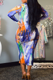 Multicolor Fashion Casual Print Tie-dye Half A Turtleneck Long Sleeve Dresses