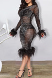 Black Sexy Solid Split Joint See-through Feathers Beading Hot Drill O Neck One Step Skirt Dresses