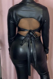 Black Sexy Solid Bandage Patchwork Buckle Backless Asymmetrical Turndown Collar Tops