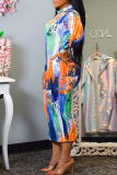 Multicolor Fashion Casual Print Tie-dye Half A Turtleneck Long Sleeve Dresses
