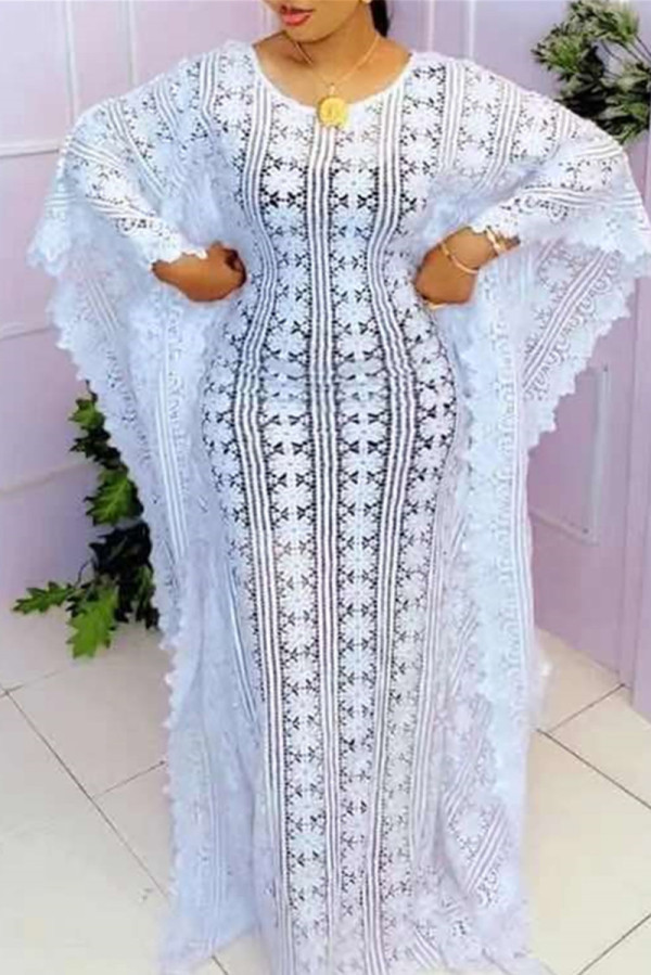 White Fashion Solid Embroidery See-through O Neck Three Quarter Two Pieces
