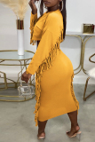 Yellow Fashion Casual Letter Print Tassel O Neck Long Sleeve Two Pieces