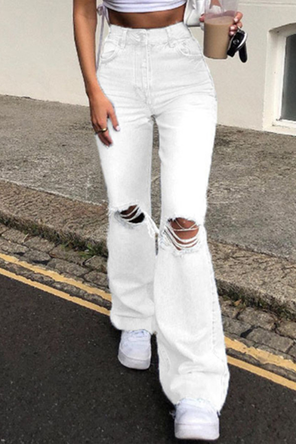 White Fashion Casual Solid Ripped High Waist Straight Jeans