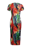 Multicolor Fashion Casual Tie Dye Printing O Neck Short Sleeve Dress