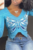 Blue Fashion Casual Butterfly Print Asymmetrical V Neck Tops