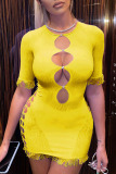 Yellow Print Tassel Hollowed Out Patchwork O Neck Pencil Skirt Dresses