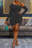 Black Sexy Solid Backless Oblique Collar Long Sleeve Irregular Dress