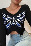 Black Fashion Casual Butterfly Print Asymmetrical V Neck Tops