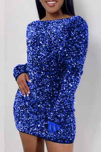 Deep Blue Sexy Solid Sequins O Neck Pencil Skirt Dresses