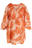 Orange Fashion Casual Print Basic V Neck Long Sleeve Plus Size Dresses
