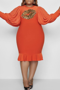 Orange Fashion Casual Lips Printed Split Joint O Neck Long Sleeve Plus Size Dresses