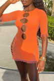 Orange Print Tassel Hollowed Out Split Joint O Neck Pencil Skirt Dresses