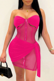 Rose Red Fashion Sexy Patchwork Hollowed Out See-through Strapless Sleeveless Two Pieces