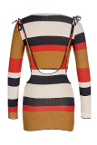 Brown Sexy Striped Print Patchwork O Neck Long Sleeve Two Pieces