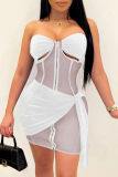White Fashion Sexy Patchwork Hollowed Out See-through Strapless Sleeveless Two Pieces